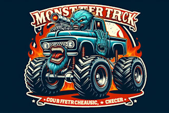 design custom vintage monster truck mascot logo with t shirt design
