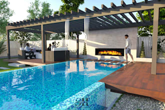 design backyard, deck, pool, patio, landscape 3d rendering