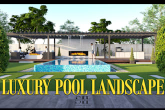 create 3d swimming pool, backyard and landscape rendering