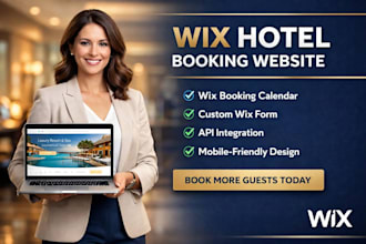 build wix hotel booking webite, wix form, wix booking calender, api integration