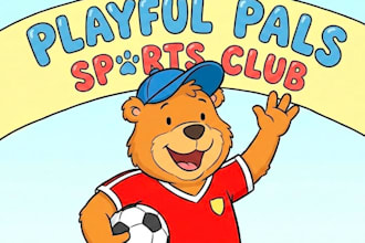 draw happy cartoon mascot with a ball and a banner logo design service