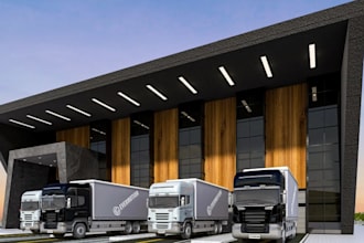 design modern car workshop,distribution center,warehouse exterior,factory facade