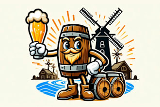 do  beer barrel and windmill sketch mascot logo with free source file