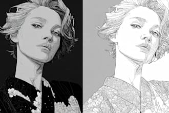 draw black and white line art portrait