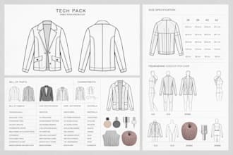 create a production ready fashion tech pack with flats, bom and size specs