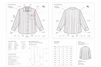 make detailed clothing tech pack for manufacturers with measurements and grading