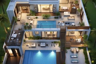 create 2d and 3d floor plan rendering with pool and outdoor visualization