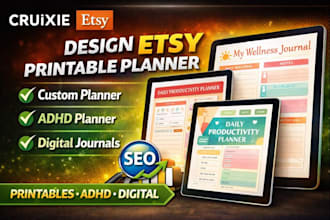 design etsy printable planner, adhd planner digital journals