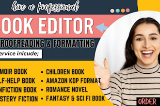 developmental line edit romance book, proofread memoir book, format sci fi novel