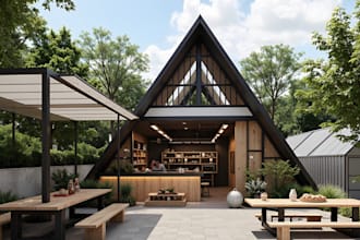 restyle modern a frame pavilion design,coffee bar,outdoor café,green landscaping