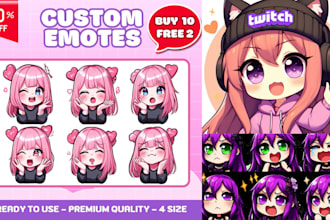 draw twitch emotes chibi emotes, animated emotes vtuber for stream discord emoji