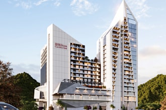 rebuild multi story building exterior, render highrise residential property, cgi