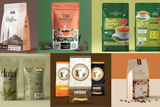 coffee packaging, bag, stand up pouch and tea labels design