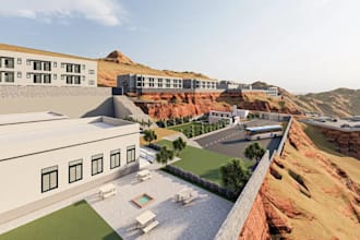 build mountain hillside campus, mountain road infrastructure, mater plan, render