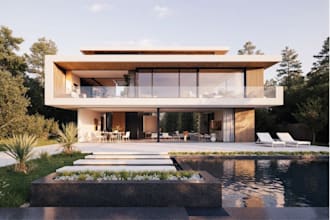remodel villa exterior, interior design,3d rendering, front yard, pool area, cgi
