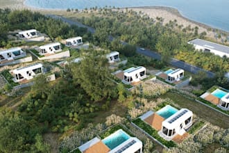 render 3d modern cabin house,sustainable housing,terraced layout,individual pool