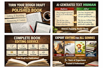 proofread, edit humanize ai content, book plagiarism check, ai content editing