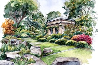 draw watercolor drawings of landscape designs or home gardens