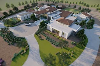 3d modern villa,stucco exterior,landscaped garden, courtyard render,pool terrace