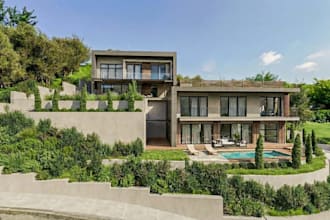 rebuild photorealistic villa facade, balcony, landscape, pool, furniture design