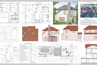draw architectural floor plans, elevations, sections, roof, site plan in autocad