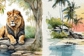 draw water color illustration, children line art drawing children storybook KDP