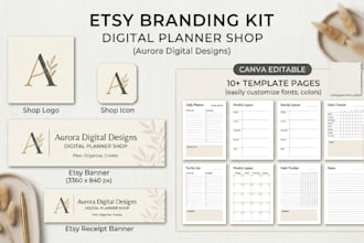 custom etsy branding kits, digital planner, etsy optimization,  logo and banner