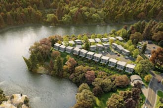 design modern residential area, lakeside landscape,dense forest,urban planning