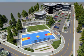 redesign institutional building, school field,college exterior, campus rendering