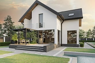 redecor building exterior, modern pergola, balcony design,cured lawn,layout plan