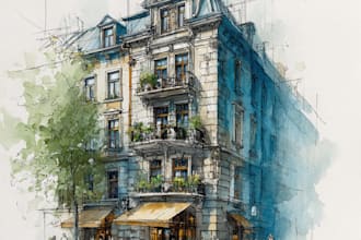 sketch architecture building with watercolor rendering