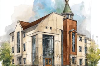 sketch architecture building or houses with watercolour rendering