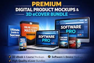 create premium digital product mockups and 3d ecover bundle