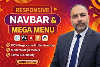 create a responsive navigation bar or mega menu using HTML CSS js