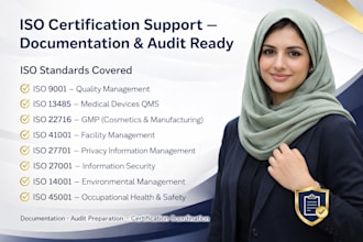 give iso 9001, 13485, 22716 gmp, 41001, 27701 certification documentation, audit