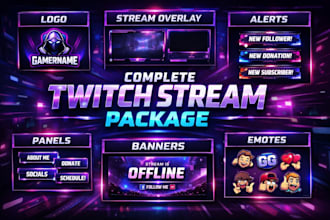 do custom animated stream package, twitch overlay, alerts, stream brand for kick