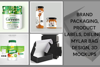 design brand packaging, product labels, dielines, mylar bag design, 3d mockups