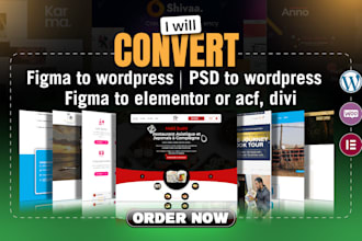 convert figma to wordpress, PSD to wordpress, figma to elementor or acf, divi