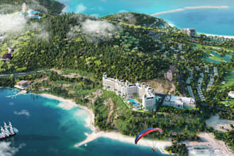 design luxury tropical resort, coastal beachfront,landscape architecture renders