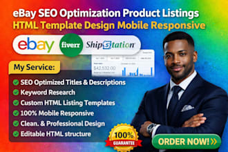 do ebay SEO optimization product listings html template design mobile responsive