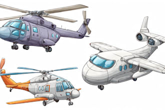 draw aircraft, airplane, helicopter into a vector cartoon