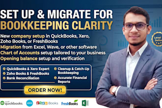 set up or migrate quickbooks, xero, zoho books  freshbooks bookkeeping