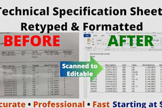retype and format technical specification sheets from scanned pdfs or images