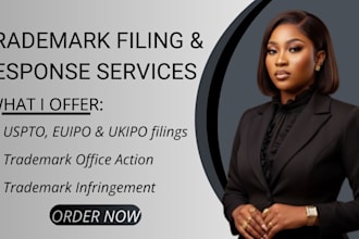 write uspto, euipo, ukipo trademark responses, filings, infringement