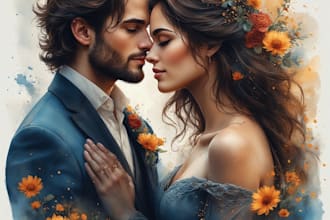 design watercolor young couple portrait illustration