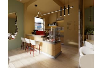 modern coffee shop interior design with 3d design and layout