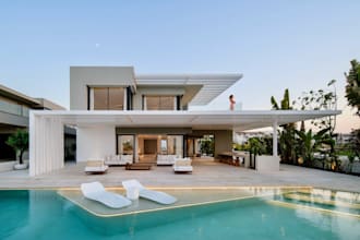 render beachfront villa, oceanfront house, resort area 3d design, vacation home