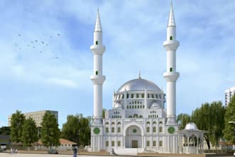 modern 3d mosque or church 3d model and floor plan, islamic architecture render