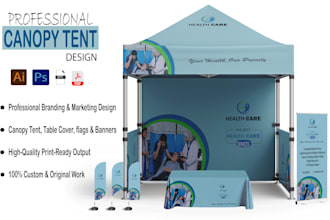 design canopy tent, table cover, flags and rollup banner