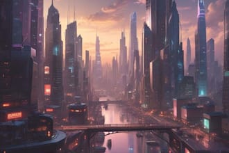 illustrate futuristic sci fi cities and cyberpunk